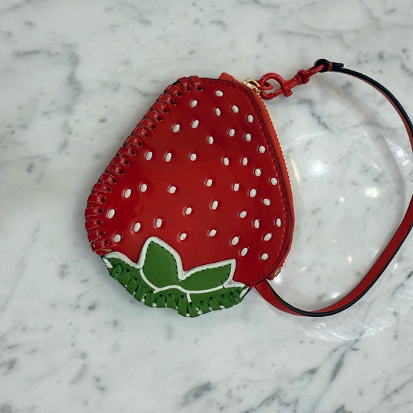 NEW Tory Burch Purse Strawberry Leather Nubuck Coin Pouch Charm Wristlet $118 - Picture 2 of 5